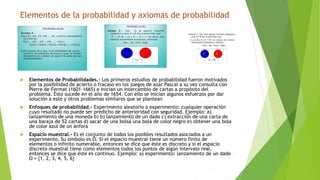 Elementos de la probabilidad y axiomas de probabilidad
 Elementos de Probabilidades.- Los primeros estudios de probabilidad fueron motivados
por la posibilidad de acierto o fracaso en los juegos de azar Pascal a su vez consulta con
Pierre de Fermat (1601-1665) e inician un intercambio de cartas a propósito del
problema. Esto sucede en el año de 1654. Con ello se inician algunos esfuerzos por dar
solución a este y otros problemas similares que se plantean
 Enfoques de probabilidad.- Experimento aleatorio o experimento: cualquier operación
cuyo resultado no puede ser predicho de anterioridad con seguridad. Ejemplo: a)
lanzamiento de una moneda b) b) lanzamiento de un dado c) extracción de una carta de
una baraja de 52 cartas d) sacar de una bolsa una bola de color negro e) obtener una bola
de color azul de un ánfora
 Espacio muestral.- Es el conjunto de todos los posibles resultados asociados a un
experimento. Su símbolo es Ω. Si el espacio muestral tiene un número finito de
elementos o infinito numerable, entonces se dice que éste es discreto y si el espacio
discreto muestral tiene como elementos todos los puntos de algún intervalo real,
entonces se dice que éste es continuo. Ejemplo: a) experimento: lanzamiento de un dado
Ω = {1, 2, 3, 4, 5, 6}
 
