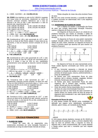 WWW.EXERCITANDO.COM.BR
http://www.exercitando.com.br
Notícias e Conteúdos para Concursos Públicos – Material de Estudo
124
Ac = 20000 . 0,8145062 ⇒ A = 16.290,124 (A)
38. (TCDF) Uma duplicata no valor de R$ 2.000,00 é resgatada
dois meses antes do vencimento, obedecendo ao critério de
desconto comercial composto. Sabendo-se que a taxa de
desconto é de 10% ao mês, o valor descontado e o valor do
desconto são, respectivamente, de:
a) R$ 1.600,00 e R$ 400,00 b) R$ 1.620,00 e R$ 380,00
c) R$ 1.640,00 e R$ 360,00 d) R$ 1.653,00 e R$ 360,00
e) R$ 1.666,67 e R$ 333,33
N = 2.000 / n = 2 m / i = 10% a.m.
Ac = N (1 – i)n
= 2000 ( 1 – 0,1)2
= 2000 (0,9)2
Ac = 20000 . 0,81 ⇒ Ac = R$ 1620,00 (B)
D = N – A = 2000 – 1620 ⇒ D = R$ 380,00 (B)
39. Considerando-se 1,08 o valor aproximado de 1,024
, o valor
atual de um título de R$2.700,00, saldado 4 meses antes de seu
vencimento, à taxa de desconto racional composto de 2% ao
mês, é:
a) R$ 2.684,00 b) R$ 2.500,00
c) R$ 2.400,00 d) R$ 2.356,00
N = 2.700 / n = 4 m / i = 2% a.m. = 0,02
Ar = N = 2700 = 2700 = 2700 = 270000 ⇒
(1 + i)n
(1 + 0,02)4
1,024
1,08 108
Ar = R$ 2.500,00 (B)
40. Considerando-se 2,29 o valor aproximado de 1,185
, o valor
atual de um título de valor R$ 1.053,40 com vencimento para 2
anos e 6 meses, à taxa de 36% ao ano, capitalizados
semestralmente numa operação de desconto racional composto
é:
a) R$ 460,00 b) R$ 450,00
c) R$ 570,00 d) R$ 455,56
N = 1.053,40 / n = 2 a 6 m = 4 + 1 = 5 semestres
i = 36% a.a. cap. semst. ÷ 2 = 18% = 0,18
A = N = 1053,40 = 1053,40 = 1053,40 = 105340 ⇒
(1 + i)n
(1 + 0,18)5
1,125
2,29 229
A = R$ 460,00 (A)
41. Tomando-se 0,66 o valor aproximado de 1,06–7
e
considerando o desconto racional composto, um título com valor
de face de US$110.000.00 e vencimento daqui a 7 anos, a uma
taxa de juro de 6% ao ano deve ser resgatado hoje por:
a) US$ 72,600.00 b) US$ 72,000.00
c) US$ 75,000.00 d) US$ 70,000.00
N = 110.000 / n = 7 a / i = 6% a.a.= 0,06
A = N(1 + i)–n
= 110000(1 + 0,06)–7
= 110000 . 1,06–7
A = 110000 . 0,66 ⇒ A = US$ 72.600,00 (A)
42. Tomando-se 0,915 o valor aproximado de 1,03–3
o valor
hoje de um título de R$ 30.000,00 de valor nominal, vencível ao
fim de três meses, a uma taxa de 3% ao mês, considerando um
desconto racional composto é:
a) R$ 29.140,00 b) R$ 27.100,00
c) R$ 27.450,00 d) R$ 29.151,00
N = 30.000 / n = 3 m / i = 3% a.m.= 0,03
A = N(1 + i)–n
= 30000(1 + 0,03)–3
= 30000 . 1,03–3
A = 30000 . 0,915 ⇒ A = R$ 27.450,00 (C)
CÁLCULO FINANCEIRO
1. FLUXOS DE CAIXA
Fluxos de caixa são os pagamentos e/ou
recebimentos envolvidos em certa transação financeira e
considerados ao longo de determinado intervalo de tempo.
Muitas situações do nosso dia-a-dia envolvem fluxos
de caixa.
Ex: Em uma conta corrente bancária, a sucessão de débitos
e créditos ocorridos em determinado mês é uma seqüência
de fluxos de caixa.
1.1. DIAGRAMAS DE FLUXOS DE CAIXA
Com o objetivo de facilitar a visualização dos fluxos
de caixa que compõe determinada transação financeira,
usamos o diagrama de fluxos de caixa.
Um diagrama de fluxos de caixa é um retrato de um
problema financeiro que mostra as entradas e saídas de
valores, ao longo do intervalo de tempo considerado para a
situação.
Os diagramas de fluxos de caixa podem representar
qualquer situação prática onde ocorram fluxos (entradas /
saídas) de caixa. Assim, desenhar um diagrama de fluxos de
caixa é o primeiro passo que devemos dar para resolver um
problema financeiro.
No diagrama de fluxos de caixa representado acima,
foram usadas algumas convenções que iremos usar como
padrões:
• O eixo horizontal representa o intervalo de tempo
envolvido na situação sob análise e é sempre dividido em
períodos de tempos iguais. (Usa-se, preferencialmente, o
prazo de capitalização.)
• As flechas para cima representam fluxos de caixa
positivos, isto é, dinheiro recebido, resgatado, dinheiro
entrando, fluindo para dentro da instituição.
• As flechas para baixo representam fluxos de caixa
negativos, isto é, dinheiro pago, investido, dinheiro
saindo, fluindo para fora da instituição.
• Onde não existem flechas desenhadas não há ocorrência
de fluxos de caixa (movimentação financeira).
• Sempre que dois ou mais fluxos de caixa ocorrerem ao
mesmo tempo (no mesmo ponto da linha de tempo do
diagrama) será considerado o seu valor líquido (soma ou
diferença deles).
Exemplos de fluxos de caixa
a) Uma pessoa investiu R$ 600,00 numa modalidade de
aplicação que pagava juros capitalizados mensalmente,
obtendo, após 6 meses, um montante de R$ 750,00.
750,00
0 1 2 3 4 5 6
–600,00
b) Uma pessoa planeja depósitos mensais de R$ 100,00 em
uma caderneta de poupança, sendo o primeiro depósito feito
logo no início do primeiro mês, o segundo no início do
segundo mês, e assim sucessivamente, até o quinto depósito
e deseja prever qual será o montante que terá naquele
momento.
+250 +480
0 1 2 3 4 5 6
–100 – 100 – 300 – 270
 