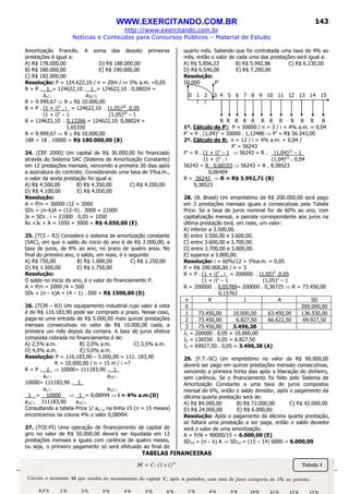 WWW.EXERCITANDO.COM.BR
http://www.exercitando.com.br
Notícias e Conteúdos para Concursos Públicos – Material de Estudo
143
Amortização Francês. A soma das dezoito primeiras
prestações é igual a:
A) R$ 178.000,00 D) R$ 188.000,00
B) R$ 180.000,00 E) R$ 190.000,00
C) R$ 182.000,00
Resolução: P = 124.622,10 / n = 20m / i= 5% a.m. =0,05
R = P . 1_= 124622,10 . 1_= 124622,10 . 0,08024 =
an i a20 5
R = 9.999,67 ⇒ R ≅ R$ 10.000,00
R = P . (1 + i)n
. i_ = 124622,10 . (1,05)20
.0,05
(1 + i)n
– 1 (1,05)20
– 1
R = 124622,10 . 0,13266 = 124622,10. 0,08024 =
1,65330
R = 9.999,67 ⇒ R ≅ R$ 10.000,00
18R = 18 . 10000 = R$ 180.000,00 (B)
24. (CEF 2000) Um capital de R$ 36.000,00 foi financiado
através do Sistema SAC (Sistema de Amortização Constante)
em 12 prestações mensais, vencendo a primeira 30 dias após
a assinatura do contrato. Considerando uma taxa de 5%a.m.,
o valor da sexta prestação foi igual a:
A) R$ 4.500,00 B) R$ 4.350,00 C) R$ 4.200,00
D) R$ 4.100,00 E) R$ 4.050,00
Resolução:
A = P/n = 36000 /12 = 3000
SD5 = (n–k)A = (12–5) . 3000 = 21000
J6 = SD5 . i = 21000 . 0,05 = 1050
R6 =J6 + A = 1050 + 3000 = R$ 4.050,00 (E)
25. (TCI – RJ) Considere o sistema de amortização constante
(SAC), em que o saldo do inicio do ano é de R$ 2.000,00, a
taxa de juros, de 8% ao ano, no prazo de quatro anos. No
final do primeiro ano, o saldo, em reais, é o seguinte:
A) R$ 750,00 B) R$ 1.000,00 C) R$ 1.250,00
D) R$ 1.500,00 E) R$ 1.750,00
Resolução:
O saldo no inicio do ano, é o valor do financiamento P.
A = P/n = 2000 /4 = 500
SDk = (n – k)A = (4 – 1) . 500 = R$ 1500,00 (D)
26. (TCM – RJ) Um equipamento industrial cujo valor à vista
é de R$ 116.183,90 pode ser comprado a prazo. Nesse caso,
paga-se uma entrada de R$ 5.000,00 mais quinze prestações
mensais consecutivas no valor de R$ 10.000,00 cada, a
primeira um mês depois da compra. A taxa de juros efetiva
composta cobrada no financiamento é de:
A) 2,5% a.m. B) 3,0% a.m. C) 3,5% a.m.
D) 4,0% a.m. E) 5,0% a.m.
Resolução: P = 116.183,90 – 5.000,00 = 111. 183,90
R = 10.000,00 / n = 15 m / i =?
R = P . 1_ ⇒ 10000= 111183,90 . 1_
an i a15 i
10000= 111183,90 . 1_
an i a15 i
1 = 10000_ ⇒ 1 = 0,08994 ⇒ i = 4% a.m.(D)
a15 i 111183,90 a15 i
Consultando a tabela Price 1/ an i, na linha 15 (n = 15 meses)
encontramos na coluna 4% o valor 0,08994.
27. (TCE-PI) Uma operação de financiamento de capital de
giro no valor de R$ 50.000,00 deverá ser liquidada em 12
prestações mensais e iguais com carência de quatro meses,
ou seja, o primeiro pagamento só será efetuado ao final do
quarto mês. Sabendo que foi contratada uma taxa de 4% ao
mês, então o valor de cada uma das prestações será igual a:
A) R$ 5.856,23 B) R$ 5.992,86 C) R$ 6.230,00
D) R$ 6.540,00 E) R$ 7.200,00
Resolução:
50.000 P’
0 1 2 3 4 5 6 7 8 9 10 11 12 13 14 15
R R R R R R R R R R R R
1º. Cálculo de P’: P = 50000 / n = 3 / i = 4% a.m. = 0,04
P’ = P . (1,04)3
= 50000 . 1,12486 ⇒ P’ = R$ 56.243,00
2º. Cálculo de R: n = 12 / i = 4% a.m. = 0,04 /
P’ = 56243
P’ = R . (1 + i)n
– 1 ⇒ 56243 = R . (1,04)12
– 1_
(1 + i)n
. i (1,04)12
. 0,04
56243 = R . 0,60103 ⇒ 56243 = R . 9,38523
0,06404
R = 56243 ⇒ R = R$ 5.992,71 (B)
9,38523
28. (B. Brasil) Um empréstimo de R$ 200.000,00 será pago
em 3 prestações mensais iguais e consecutivas pela Tabela
Price. Se a taxa de juros nominal for de 60% ao ano, com
capitalização mensal, a parcela correspondente aos juros na
última prestação terá, em reais, um valor:
A) inferior a 3.500,00.
B) entre 3.500,00 e 3.600,00.
C) entre 3.600,00 e 3.700,00.
D) entre 3.700,00 e 3.800,00.
E) superior a 3.800,00.
Resolução: i = 60%/12 = 5%a.m. = 0,05
P = R$ 200.000,00 / n = 3
R = P . (1 + i)n
. i_ = 200000 . (1,05)3
.0,05
(1 + i)n
– 1 (1,05)3
– 1
R = 200000 . 0,05789= 200000 . 0,36725 ⇒ R = 73.450,00
0,15763
n R J A SD
0 200.000,00
1 73.450,00 10.000,00 63.450,00 136.550,00
2 73.450,00 6.827,50 66.622,50 69.927,50
3 73.450,00 3.496,38
J1 = 200000 . 0,05 = 10.000,00
J2 = 136550 . 0,05 = 6.827,50
J3 = 69927,50 . 0,05 = 3.496,38 (A)
29. (F.T.-SC) Um empréstimo no valor de R$ 90.000,00
deverá ser pago em quinze prestações mensais consecutivas,
vencendo a primeira trinta dias após a liberação do dinheiro,
sem carência. Se o financiamento foi feito pelo Sistema de
Amortização Constante a uma taxa de juros compostos
mensal de 6%, então o saldo devedor, após o pagamento da
décima quarta prestação será de:
A) R$ 84.000,00 B) R$ 72.000,00 C) R$ 42.000,00
D) R$ 24.000,00 E) R$ 6.000,00
Resolução: Após o pagamento da décima quarta prestação,
só faltará uma prestação a ser paga, então o saldo devedor
será o valor de uma amortização.
A = P/N = 90000/15 = 6.000,00 (E)
SD14 = (n – k) A ⇒ SD14 = (15 – 14) 6000 = 6.000,00
TABELAS FINANCEIRAS
 