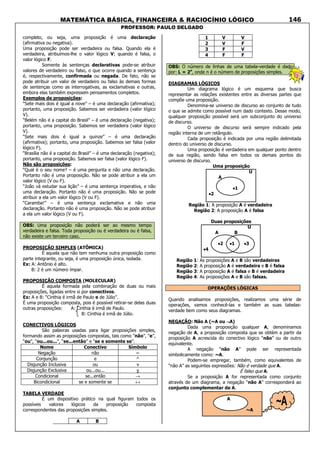 MATEMÁTICA BÁSICA, FINANCEIRA & RACIOCÍNIO LÓGICO
PROFESSOR: PAULO DELGADO
146
completo, ou seja, uma proposição é uma declaração
(afirmativa ou negativa).
Uma proposição pode ser verdadeira ou falsa. Quando ela é
verdadeira, atribuímos-lhe o valor lógico V; quando é falsa, o
valor lógico F.
Somente às sentenças declarativas pode-se atribuir
valores de verdadeiro ou falso, o que ocorre quando a sentença
é, respectivamente, confirmada ou negada. De fato, não se
pode atribuir um valor de verdadeiro ou falso às demais formas
de sentenças como as interrogativas, as exclamativas e outras,
embora elas também expressem pensamentos completos.
Exemplos de proposições:
“Sete mais dois é igual a nove” – é uma declaração (afirmativa);
portanto, uma proposição. Sabemos ser verdadeira (valor lógico
V).
“Belém não é a capital do Brasil” – é uma declaração (negativa);
portanto, uma proposição. Sabemos ser verdadeira (valor lógico
V).
“Sete mais dois é igual a quinze” – é uma declaração
(afirmativa); portanto, uma proposição. Sabemos ser falsa (valor
lógico F).
“Brasília não é a capital do Brasil” – é uma declaração (negativa);
portanto, uma proposição. Sabemos ser falsa (valor lógico F).
Não são proposições:
“Qual é o seu nome? – é uma pergunta e não uma declaração.
Portanto não é uma proposição. Não se pode atribuir a ela um
valor lógico (V ou F).
“João vá estudar sua lição” – é uma sentença imperativa, e não
uma declaração. Portanto não é uma proposição. Não se pode
atribuir a ela um valor lógico (V ou F).
“Caramba!” – é uma sentença exclamativa e não uma
declaração. Portanto não é uma proposição. Não se pode atribuir
a ela um valor lógico (V ou F).
OBS: Uma proposição não poderá ser ao mesmo tempo
verdadeira e falsa. Toda proposição ou é verdadeira ou é falsa,
não existe um terceiro caso.
PROPOSIÇÃO SIMPLES (ATÔMICA)
É aquela que não tem nenhuma outra proposição como
parte integrante, ou seja, é uma proposição única, isolada.
Ex: A: Antônio é alto.
B: 2 é um número ímpar.
PROPOSIÇÃO COMPOSTA (MOLECULAR)
É aquela formada pela combinação de duas ou mais
proposições, ligadas entre si por conectivos.
Ex: A e B: “Cinthia é irmã de Paulo e de Júlio”.
É uma proposição composta, pois é possível retirar-se delas duas
outras proposições: A: Cinthia é irmã de Paulo.
B: Cinthia é irmã de Júlio.
CONECTIVOS LÓGICOS
São palavras usadas para ligar proposições simples,
formando assim as proposições compostas, tais como “não”, “e”,
“ou”, “ou...ou...”, “se...então” e “se e somente se”.
Nome Conectivo Símbolo
Negação não ~
Conjunção e ^
Disjunção Inclusiva ou v
Disjunção Exclusiva ou...ou... v
Condicional se...então →
Bicondicional se e somente se ↔
TABELA VERDADE
É um dispositivo prático na qual figuram todos os
possíveis valores lógicos da proposição composta
correspondentes das proposições simples.
A B
1 V V
2 V F
3 F V
4 F F
OBS: O número de linhas de uma tabela-verdade é dado
por: L = 2n
, onde n é o número de proposições simples.
DIAGRAMAS LÓGICOS
Um diagrama lógico é um esquema que busca
representar as relações existentes entre as diversas partes que
compõe uma proposição.
Denomina-se universo de discurso ao conjunto de tudo
o que se admite como possível num dado contexto. Desse modo,
qualquer proposição possível será um subconjunto do universo
de discurso.
O universo de discurso será sempre indicado pela
região interna de um retângulo.
Cada proposição é indicada por uma região delimitada
dentro do universo de discurso.
Uma proposição é verdadeira em qualquer ponto dentro
de sua região, sendo falsa em todos os demais pontos do
universo de discurso.
Uma proposição
U
A
••••1
••••2
Região 1: A proposição A é verdadeira
Região 2: A proposição A é falsa
Duas proposições
U
A B
••••2 ••••1 ••••3
••••4
Região 1: As proposições A e B são verdadeiras
Região 2: A proposição A é verdadeira e B é falsa
Região 3: A proposição A é falsa e B é verdadeira
Região 4: As proposições A e B são falsas.
OPERAÇÕES LÓGICAS
Quando analisamos proposições, realizamos uma série de
operações, vamos conhecê-las e também as suas tabelas-
verdade bem como seus diagramas.
NEGAÇÃO: Não A (~A ou ¬¬¬¬A)
Dada uma proposição qualquer A, denominamos
negação de A, a proposição composta que se obtém a partir da
proposição A acrescida do conectivo lógico “não” ou de outro
equivalente.
A negação “não A” pode ser representada
simbolicamente como: ~A.
Podem-se empregar, também, como equivalentes de
“não A” as seguintes expressões: Não é verdade que A.
É falso que A.
Se a proposição A for representada como conjunto
através de um diagrama, a negação “não A” corresponderá ao
conjunto complementar de A.
A
~A
 