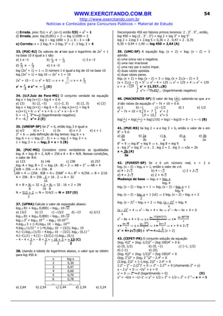 WWW.EXERCITANDO.COM.BR
http://www.exercitando.com.br
Notícias e Conteúdos para Concursos Públicos – Material de Estudo
54
c) Errada, pois: f(x) = ax
, (a>1) então f(0) = a0
= 1
d) Errada, pois: log (0,001) = 3 ⇒ log 1/1000 = 3
log 1 – log 1000 = 3 ⇒ 0 – 3 = –3
e) Correta: x = 2 log3 9 = 2 log3 32
= 2 . 2 log3 3 = 4
33. (PUC-RJ) Os valores de x tais que o logaritmo de 2x2
+ 1
na base 10 é igual a 1 são:
a) 1 e –1 b) e – c) 3 e –3
d) e – e) 1 e –2
log (2x2
+ 1) = 1 ⇒ O número 1 é igual a log de 10 na base 10
log (2x2
+ 1) = log 10 ⇒ 2x2
+ 1 = 10
2x2
= 10 – 1 ⇒ x2
= 9/2 ⇒ x = ± ⇒ x = ±
x’ = e x” = – (D)
34. (U.F.Juiz de Fora-MG) O conjunto verdade da equação
log x + log (x+1) – log 6 = 0 é:
a) {3} b) {2, –3} c) {–2, 3} d) {2, 3} e) {2}
log x + log (x+1) – log 6 = 0 ⇒ log x.(x+1) = log 6
x.(x+1) = 6 ⇒ x2
+ x = 6 ⇒ x2
+ x – 6 = 0
S = –1 x’ = –3 (logaritmando negativo)
P = –6 x”= 2 (E)
35. (UNESP-SP) Se 2x
= 6, então log2 3 é igual a:
a) x/2 b) x – 1 c) 2x d) x + 2 e) x + 1
2x
= 6 ⇒ pela definição de log temos: log2 6 = x
log2 6 = x ⇒ log2 (2 . 3) = x ⇒ log2 2 + log2 3 = x
1 + log2 3 = x ⇒ log2 3 = x – 1 (B)
36. (PUC-MG) Considere como verdadeiras as igualdades
log2 A + log2 B = 2, A/B = 256 e A + B = N/8. Nessas condições,
o valor de N é:
a) 123 b) 146 c) 238 d) 257
log2 A + log2 B = 2 ⇒ log2 (A . B) = 2 ⇒ AB = 22
⇒ AB = 4
A/B = 256 ⇒ A = 256 . B
AB = 4 ⇒ (256 . B)B = 4⇒ 256B2
= 4⇒ B2
= 4/256 ⇒ B = 2/16
A = 256 . B = 256 . 2 = 16 . 2 ⇒ A = 32
16
A + B = N ⇒ 32 + 2 = N ⇒ 32 . 16 + 2 = 2N
8 16 8
N = 512 + 2 ⇒ N = 514/2 ⇒ N = 257 (D)
2
37. (UFMA) Calcule o valor da expressão abaixo:
log1/3 81 + log10 0,0001 – log0,1 10
a) 13/2 b) 13 c) –13/2 d) –13 e) 2/13
log1/3 81 + log10 0,0001 – log0,1 10
log1/3 34
+ log10 10–4
– log0,1 10.101/2
4.log1/3 3 + (–4).log10 10 – log0,1 103/2
4.log1/3 (1/3)–1
+ (–4).log10 10 – (3/2). log0,1 10
4.(–1).log1/3 (1/3) – 4.log10 10 – (3/2). log0,1 (0,1)–1
4.(–1).(1) – 4.(1) – (3/2).(–1).log0,1 (0,1)
– 4 – 4 + 3 = – 8 + 3 = – 16 + 3 = – 13 (C)
2 2 2 2
38. Usando a tabela de logaritmos abaixo, o valor que se obtém
para log 450 é:
x log x
2 0,30
3 0,47
4 0,60
5 0,70
6 0,78
... ...
a) 2,64 b) 2,54 c) 2,44 d) 2,34 e) 2,24
Decompondo 450 em fatores primos teremos: 2 . 32
. 52
, então,
log 450 = log (2 . 32
. 52
) = log 2 + log 32
+ log 52
log 2 + 2.log 3 + 2.log 5 = 0,30 + 2 . 0,47 + 2 . 0,70
0,30 + 0,94 + 1,40 ⇒ log 450 = 2,64 (A)
39. (UMC-SP) A equação log5 (x + 2) + log5 (x – 2) = 3
admite:
a) uma única raiz e negativa.
b) uma raiz irracional.
c) uma raiz par e outra ímpar.
d) duas raízes opostas.
e) duas raízes pares.
log5 (x + 2) + log5 (x – 2) = 3 ⇒ log5 (x + 2).(x – 2) = 3
(x + 2).(x – 2) = 53
⇒ x2
– 4 = 125 ⇒ x2
= 125 + 4 ⇒ x2
= 129
x = ± x’ = 11,357...(B)
x”= – 11,357... (logaritmando negativo)
40. (MACKENZIE-SP) O valor de log ( ), sabendo-se que a e
b são raízes da equação x2
– 7x + 10 = 0 é:
a) 2 b) –1 c) –1/2 d) 1 e) 1/2
x2
– 7x + 10 = 0 S = 7 x’ = 2
P = 10 x”= 5
log( ) = log( ) = log(1/10) = log1 – log10 = 0 – 1 = –1 (B)
41. (PUC-RS) Se log 2 = a e log 3 = b, então o valor de x em
8x
= 9 é:
a) 2b b) 2a c) b d) a e) 3b
3a 3b a b 2a
8x
= 9 ⇒ log 8x
= log 9 ⇒ x . log 8 = log 9
x . log 23
= log 32
⇒ x . 3 . log 2 = 2 . log 3 ⇒ x3a = 2b
x = 2b (A)
3a
42. (FUVEST-SP) Se x é um número real, x > 2 e
log2 (x – 2) – log4 x = 1, então o valor de x é:
a) 4 – 2 b) 4 – c) 2 + 2
d) 4 + 2 e) 2 + 4
Mudança de base ⇒ log4 x = log2 x
log2 4
log2 (x – 2) – log4 x = 1 ⇒ log2 (x – 2) – log2 x = 1
log2 4
log2 (x – 2) – log2 x = 1 (x2) ⇒ 2 log2 (x – 2) – log2 x = 2
2
log2 (x – 2)2
– log2 x = 2 ⇒ log2 (x – 2)2
= log2 4
x
(x – 2)2
= 4 ⇒ x2
– 4x + 4 = 4x ⇒ x2
– 4x – 4x + 4 = 0
x
x2
– 8x + 4 = 0 ⇒ ⇒
⇒ ⇒ ⇒ x = 4 ± 2
x’ = 4+ (D) e x” = 4 –2 (x > 2)
43. (CEFET-PR) O conjunto solução da equação
(log2 4)2x
+ (log2 1/2)2x
– (log 100)4x
= 0 é:
a) {0, 1/2} b) {0, –1} c) {–1, 1/2}
d) {–1} e) {0}
(log2 4)2x
+ (log2 1/2)2x
– (log 100)4x
= 0
(log2 22
)2x
+ (log2 2–1
)2x
– 2.4x
= 0
(2.log2 2)2x
+ (–1.log2 2)2x
– 2.4x
= 0
2.2x
– 2x
– 2.(22
)x
= 0 ⇒ 2x
– 2.22x
= 0 (chamando 2x
= y)
y – 2.y2
= 0 ⇒ –2y2
+ y = 0
y’ = 0 ⇒ 2x
= 0 (logaritmando > 0) (D)
y” = –b/a = –1/–2 ⇒ y” = 1/2⇒ 2x
= 1/2⇒ 2x
= 2–1
⇒ x = – 1
 
