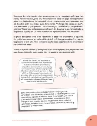 Finalmente, les pedimos a los niños que comparen con su compañero quién tiene más
  papas, indicándoles que, para ello, deben relacionar papa con papa (correspondencia
  uno a uno), haciendo uso de los cuantificadores para verbalizar su comparación, para
  así descubrir quién tiene más y quién tiene menos: “Yo tengo más papas que Luis” o
  “Luis tiene menos papas que Anita”, “Marco tiene igual cantidad de papas que Franco”,
  entonces “Marco tiene tantas papas como Franco”. Sin desarmar lo que han realizado, se
  les pide que lo grafiquen. Los niños muestran sus representaciones y las verbalizan.

  En grupo, dialogamos sobre el Día Nacional de la papa y les preguntamos lo siguiente:
  ¿En qué fecha creen que se celebra el Día de la Papa? ¿Por qué se celebra? La maestra
  les presenta el texto y los niños corroboran sus hipótesis respondiendo las preguntas de
  comprensión de textos.

  Al final, se le pide a los niños que traigan recetas a base de papa que se preparan en casa
  para, luego, elegir entre todos una de ellas y organizarse para su preparación.



                  Durante esta actividad, has desarrollado las
             siguientes nociones en tus niños: la observación,
                   el uso de cuantificadores aproximativos y
              comparativos, la comparación, el hacer grupos y
              formar colecciones, y verbalizar sus propiedades
            utilizando el material concreto que tienes en el aula.
               ¡Ah! Y no olvides que, para la construcción del
            aprendizaje, debes tener en cuenta los procesos de
            vivenciación, la manipulación del material concreto
             y la representación gráfica y simbólica para llegar,
                        posteriormente, a la abstracción.




                                                                          to de
                                          vidad per tenece a un pro yec
             Como hemos visto, esta acti
                                             de la actividad, se han trabajado nociones
             aprendizaje. En el des arrollo
                                                                        n, y de Ciencia
                                         Per sonal Social, Comunic ació
             matemática s, asp ectos de
                                                                          no deb e
                                            las habilidades matemática s
             y Ambiente. El des arrollo de
                                             emos inte grarlas  en una actividad de
             trabajar se aisladam ente: deb
                                                                       erial concreto y
             aprendizaje, mediante situ  aciones vivenciales, con mat
                                            n.
              propicia ndo la ver balizació




Movilización Nacional por la Mejora de los Aprendizajes                                         27
 