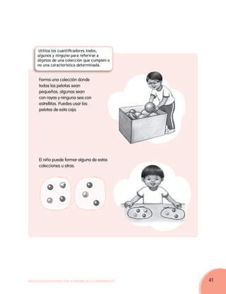 Utiliza los cuantificadores todos,
     algunos y ninguno para referirse a
     objetos de una colección que cumplen o
     no una característica determinada.


      Forma una colección donde
      todas las pelotas sean
      pequeñas, algunas sean
      con rayas y ninguna sea con
      estrellitas. Puedes usar las
      pelotas de esta caja.




      El niño puede formar alguna de estas
      colecciones u otras.




Movilización Nacional por la Mejora de los Aprendizajes   41
 