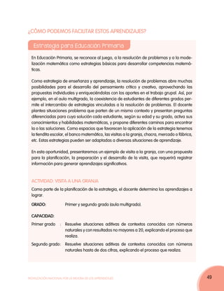¿Cómo podemos facilitar estos aprendizajes?

   Estrategia para Educación Primaria

  En Educación Primaria, se reconoce al juego, a la resolución de problemas y a la mode-
  lización matemática como estrategias básicas para desarrollar competencias matemá-
  ticas.

  Como estrategia de enseñanza y aprendizaje, la resolución de problemas abre muchas
  posibilidades para el desarrollo del pensamiento crítico y creativo, aprovechando las
  propuestas individuales y enriqueciéndolas con los aportes en el trabajo grupal. Así, por
  ejemplo, en el aula multigrado, la coexistencia de estudiantes de diferentes grados per-
  mite el intercambio de estrategias vinculadas a la resolución de problemas. El docente
  plantea situaciones problema que parten de un mismo contexto y presentan preguntas
  diferenciadas para cuya solución cada estudiante, según su edad y su grado, activa sus
  conocimientos y habilidades matemáticas, y propone diferentes caminos para encontrar
  la o las soluciones. Como espacios que favorecen la aplicación de la estrategia tenemos
  la tiendita escolar, el banco matemático, las visitas a la granja, chacra, mercado o fábrica,
  etc. Estas estrategias pueden ser adaptadas a diversas situaciones de aprendizaje.

  En esta oportunidad, presentaremos un ejemplo de visita a la granja, con una propuesta
  para la planificación, la preparación y el desarrollo de la visita, que requerirá registrar
  información para generar aprendizajes significativos.



  Actividad: Visita a una granja
  Como parte de la planificación de la estrategia, el docente determina los aprendizajes a
  lograr.

  GRADO:		Primer y segundo grado (aula multigrado).

  CAPACIDAD:
  Primer grado	 : 	 Resuelve situaciones aditivas de contextos conocidos con números
                    naturales y con resultados no mayores a 20, explicando el proceso que
                    realiza.
  Segundo grado		Resuelve situaciones aditivas de contextos conocidos con números
               :
                 naturales hasta de dos cifras, explicando el proceso que realiza.




Movilización Nacional por la Mejora de los Aprendizajes                                           49
 