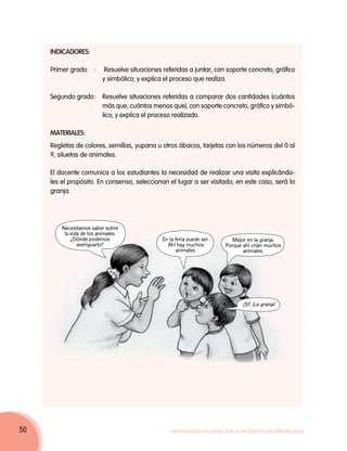 INDICADORES:

     Primer grado	 :	 Resuelve situaciones referidas a juntar, con soporte concreto, gráfico
                      y simbólico; y explica el proceso que realiza.

     Segundo grado		Resuelve situaciones referidas a comparar dos cantidades (cuántos
                  :
                    más que, cuántos menos que), con soporte concreto, gráfico y simbó-
                    lico; y explica el proceso realizado.

     MATERIALES:
     Regletas de colores, semillas, yupana u otros ábacos, tarjetas con los números del 0 al
     9, siluetas de animales.

     El docente comunica a los estudiantes la necesidad de realizar una visita explicándo-
     les el propósito. En consenso, seleccionan el lugar a ser visitado; en este caso, será la
     granja.




         Necesitamos saber sobre
          la vida de los animales.
             ¿Dónde podemos                  En la feria puede ser.       Mejor en la granja.
                averiguarlo?                   Ahí hay muchos          Porque ahí crían muchos
                                                   animales.                  animales.




                                                                              ¡Sí! ¡La granja!




50                                               Movilización Nacional por la Mejora de los Aprendizajes
 