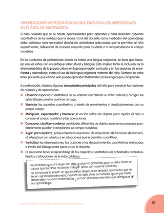 Orientaciones metodológicas que facilitan los aprendizajes
en el área de Matemática
El niño necesita que se le brinde oportunidades para aprender y para descubrir aspectos
cuantitativos de la realidad que lo rodea. El rol del docente como mediador del aprendizaje
debe satisfacer esta necesidad diseñando actividades adecuadas que le permitan al niño
experimentar, reflexionar de manera conjunta para ayudarle a ir comprendiendo el campo
numérico.

En los contextos de poblaciones donde se habla una lengua originaria, se tiene que traba-
jar con los niños con un enfoque intercultural y bilingüe. Esto implica tanto la inclusión de la
etnomatemática de la propia cultura en la programación curricular y en las sesiones de ense-
ñanza y aprendizaje, como el uso de la lengua originaria materna del niño. Siempre se debe
tener presente que el niño solo puede aprender Matemática en la lengua que comprende.

A continuación, citamos algunas necesidades principales del niño para construir las nociones
de número y de operaciones:
  	 Observar aspectos cuantitativos de su entorno rescatando su valor cultural y recoger los
    aprendizajes previos que trae consigo.
  	 Vivenciar los aspectos cuantitativos a través de movimientos y desplazamientos con su
    propio cuerpo.
  	 Manipular, experimentar y favorecer la acción sobre los objetos para ayudar al niño a
    conocer el campo numérico y las operaciones.
  	 Comparar, clasificar y ordenar cantidades diferentes de objetos o personas para que pau-
    latinamente puedan ir ampliando su campo numérico.
  	 Jugar para explorar, porque favorece el proceso de adquisición de la noción de número,
    al interactuar con objetos o en situaciones que le permitan cuantificar.
  	 Verbalizar las observaciones, las acciones y los descubrimientos cuantitativos efectuados
    a través del diálogo entre pares y con el docente.
  	Es necesario basar el aprendizaje de los aspectos cuantitativos en actividades contextua-
   lizadas a situaciones de la vida cotidiana.

                                                                      or pues se deb e tener en
                                                                       ,
                                      con lápiz y pap el es pos teri
        Record emos que el trabajo
                                      an trabajar antes con     material concreto.
        cuenta que los niños nec esit
                                                                    símbolos abs tractos que no
                                      que los niños dibujen unos
        No es nec esario insis tir en                                 vidades que le permita n
                                       , deja ndo de lado otra s acti
        tienen significado para ellos                                     tales que enriquecerán
                                          tica s y activar proces os men
        des arrollar nociones matemá
        sus aprendizaje.




Movilización Nacional por la Mejora de los Aprendizajes                                            55
 