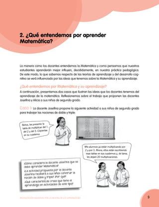 2. ¿Qué entendemos por aprender
Matemática?



La manera como los docentes entendemos la Matemática y como pensamos que nuestros
estudiantes aprenderán mejor influyen, decididamente, en nuestra práctica pedagógica.
De este modo, lo que sabemos respecto de las teorías de aprendizaje y del desarrollo cog-
nitivo se verá influenciado por las ideas que tenemos sobre la Matemática y su aprendizaje.

¿Qué entendemos por Matemática y su aprendizaje?
A continuación, presentamos dos casos que ilustran las ideas que los docentes tenemos del
aprendizaje de la matemática. Reflexionemos sobre el trabajo que proponen las docentes
Josefina y Alicia a sus niños de segundo grado.

Caso 1: La docente Josefina propone la siguiente actividad a sus niños de segundo grado
para trabajar las nociones de doble y triple:
                                                          1x1=1         2x1=1          3x1=1
                                                          1x2=2         2x2=4          3x2=6
                                                          1x3=3         2x3=6          3x3=9

  Niños, les presento la
                                                          1x4=4         2x4=8         3 x 4 = 12
                                                          1x5=5         2 x 5 = 10    3 x 5 = 15
                           1,
  tabla de multiplicar del
                                                          1x6=6         2 x 6 = 12    3 x 6 = 18
                                                          1x7=7         2 x 7 = 14    3 x 7 = 21

   del 2 y del 3. Cópie nlas                              1x8=8
                                                          1x9=9
                                                                        2 x 8 = 16
                                                                        2 x 9 = 18
                                                                                      3 x 8 = 24
                                                                                      3 x 9 = 27
                                                          1 x 10 = 10
   en su cuaderno.
                                                                        2 x 10 = 20   3 x 10 = 30
                                                          1 x 11 = 11   2 x 11 = 22   3 x 11 = 33
                                                          1 x 12 = 12   2 x 12 = 24   3 x 12 = 36




                                                          Mis alumnos ya están multiplicando por
                                                          2 y por 3. Ahora, ellos están escribiendo
                                                           esas tablas en sus cuadernos y, de tarea,
                                                            les dejaré 20 multiplicaciones.
                                  Josefina que se
   ¿Cómo considera la doc ente
                                ?
   deb e aprend er Matemática
                                  la doc ente
   ¿La actividad propuesta por
                                  s construir la
   Josefina facilitará a sus niño
                                    qué?
    noción de doble y triple? ¿Por
                                 que tiene el
    ¿Qué características crees
    aprendizaje en activida des de este tipo?




Movilización Nacional por la Mejora de los Aprendizajes                                                9
 