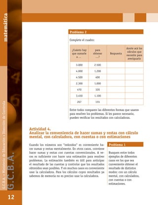 matemáticaG.C.B.A.•MinisteriodeEducación•DireccióndeCurrícula
12
Problema 2
Complete el cuadro:
Entre todos comparen las diferentes formas que usaron
para resolver los problemas. Si les parece necesario,
pueden veriﬁcar los resultados con calculadoras.
¿Cuánto hay
que sumarle
a ...
para
obtener
…?
Respuesta
Anote acá los
cálculos que
necesite para
averiguarlo
3.000 2.500
4.000 1.200
4.500 400
2.300 1.000
470 320
3.450 1.100
267 155
Actividad 4.
Analizar la conveniencia de hacer sumas y restas con cálculo
mental, con calculadora, con cuentas o con estimaciones
Cuando los números son “redondos” es conveniente ha-
cer sumas y restas mentalmente. En otros casos, conviene
hacer sumas y restas con cuentas convencionales. A ve-
ces es suﬁciente con hacer una estimación para resolver
problemas. La estimación también es útil para anticipar
el resultado de las cuentas y controlar que los resultados
obtenidos sean posibles. Y en muchos casos es conveniente
usar la calculadora. Para los cálculos cuyos resultados ya
sabemos de memoria no es preciso usar la calculadora.
Problema 1
Busquen entre todos
ejemplos de diferentes
casos en los que sea
conveniente obtener el
resultado de distintos
modos: con un cálculo
mental, con calculadora,
con cuentas o con
estimaciones.
matemática
12
G.C.B.A.•MinisteriodeEducación•DireccióndeCurrícula
G.C.B.A.
 