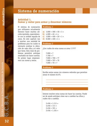 matemáticaG.C.B.A.•MinisteriodeEducación•DireccióndeCurrícula
32
Sistema de numeración
Actividad 1.
Sumar y restar para armar y desarmar números
El sistema de numeración
que utilizamos actualmente
favorece hacer muchos cál-
culos mentales, especialmen-
te con la unidad seguida de
ceros. En este capítulo van
a resolver una variedad de
problemas para los cuales es
necesario analizar la ubica-
ción de cada cifra y el valor
que tiene. Esta clase de pro-
blemas permitirá anticipar
resultados sin hacer cuentas.
En primer lugar empezare-
mos con sumas y restas.
Problema 1
a) 3.000 + 300 + 30 + 3 =
b) 4.000 + 40 + 4 =
c) 3.000 + 400 + 20 + 1 =
d) 8.000 + 400 + 4 =
Problema 2
¿Con cuáles de estas sumas se arma 7.777?
7.000 + 7
7.700 + 7
7.000 + 700 + 77
7.000 + 707 + 70
7.000 + 70 + 7
Problema 3
Escriba varias sumas con números redondos que permitan
armar el número 8.675.
_________________________________________________
_________________________________________________
_________________________________________________
Problema 4
Intente resolver estas sumas sin hacer las cuentas. Puede
ser de ayuda anticipar cómo van a cambiar las cifras y
cuáles van a cambiar.
3.456 + 1.111 =
3.456 + 111 =
3.456 + 101 =
3.456 + 1.101 =
matemática
32
G.C.B.A.•MinisteriodeEducación•DireccióndeCurrícula
G.C.B.A.
 