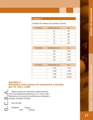 Matem’atica•Cálculomentalconnúmerosnaturales
37
Problema 6
Complete los números de la primera columna:
El número... multiplicado por... da...
10 450
10 980
10 360
10 750
10 420
El número... multiplicado por... da...
100 4.500
100 3.200
100 1.700
100 3.800
El número... multiplicado por... da...
1.000 4.000
1.000 7.000
1.000 45.000
1.000 36.000
Actividad 4.
Relaciones entre sistema de numeración y división
por 10, 100 y 1.000
Nuestro sistema de numeración también favorece
hacer más rápidamente divisiones por 10, 100 y 1.000.
Realizaremos un conjunto de problemas que ayudarán a
anticipar resultados al dividir.
Para recordar:
Dividendo divisor
resto cociente
37
Matem’atica•CálculoMentalconNúmerosNaturalesSistemadenumeración
G.C.B.A.
 
