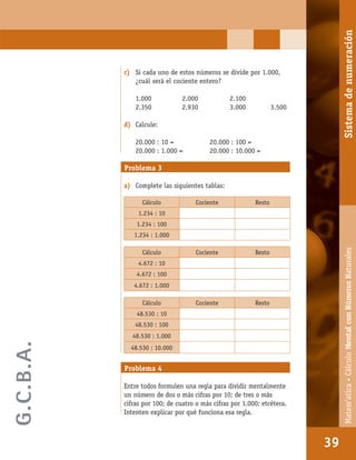 Matem’atica•Cálculomentalconnúmerosnaturales
39
c) Si cada uno de estos números se divide por 1.000,
¿cuál será el cociente entero?
1.000 2.000 2.100
2.350 2.930 3.000 3.500
d) Calcule:
20.000 : 10 = 20.000 : 100 =
20.000 : 1.000 = 20.000 : 10.000 =
Problema 3
a) Complete las siguientes tablas:
Cálculo Cociente Resto
1.234 : 10
1.234 : 100
1.234 : 1.000
Cálculo Cociente Resto
4.672 : 10
4.672 : 100
4.672 : 1.000
Cálculo Cociente Resto
48.530 : 10
48.530 : 100
48.530 : 1.000
48.530 : 10.000
Problema 4
Entre todos formulen una regla para dividir mentalmente
un número de dos o más cifras por 10; de tres o más
cifras por 100; de cuatro o más cifras por 1.000; etcétera.
Intenten explicar por qué funciona esa regla.
39
Matem’atica•CálculoMentalconNúmerosNaturalesSistemadenumeración
G.C.B.A.
 