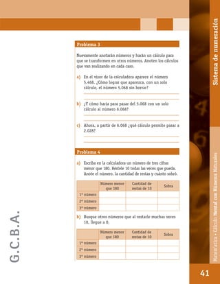 Matem’atica•Cálculomentalconnúmerosnaturales
41
Problema 3
Nuevamente anotarán números y harán un cálculo para
que se transformen en otros números. Anoten los cálculos
que van realizando en cada caso.
a) En el visor de la calculadora aparece el número
5.468. ¿Cómo lograr que aparezca, con un solo
cálculo, el número 5.068 sin borrar?
_________________________________________________
_________________________________________________
b) ¿Y cómo haría para pasar del 5.068 con un solo
cálculo al número 6.068?
_________________________________________________
_________________________________________________
c) Ahora, a partir de 6.068 ¿qué cálculo permite pasar a
2.028?
_________________________________________________
_________________________________________________
Problema 4
a) Escriba en la calculadora un número de tres cifras
menor que 180. Réstele 10 todas las veces que pueda.
Anote el número, la cantidad de restas y cuánto sobró.
b) Busque otros números que al restarle muchas veces
10, llegue a 0.
Número menor
que 180
Cantidad de
restas de 10
Sobra
1º número
2º número
3º número
Número menor
que 180
Cantidad de
restas de 10
Sobra
1º número
2º número
3º número
41
Matem’atica•CálculoMentalconNúmerosNaturalesSistemadenumeración
G.C.B.A.
 