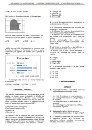 EEM ANANIAS DO AMARAL VIEIRA - PROJETO JOVEM DE FUTURO 2015 - AVALIAÇÃO DIGNÓSTICA 2015.1
a)100 b) 120 c) 280 d) 240
9) O jardim da Renata tem formato da figura abaixo.
Usando como unidade de área o quadradinho da
malha, conclui-se que a área da região sombreada é:
a) 13 b) 14 c) 16,5 d) 15
10) No ano de 2008, foi realizada uma pesquisa para
levantar o número de fumantes em todo o país,
distribuído por regiões, de acordo com o gráfico a
seguir:
A diferença entre o maior e o menor número de
fumantes é?
a) 80000 b) 60000 c) 50000 d) 10000
CIÊNCIAS DA NATUREZA
1) A gravidez na adolescência é um problema de saúde
pública no Brasil, sendo importante a difusão de
métodos contraceptivos. Dentre esses métodos,
apresentados a seguir, destaque aquele que além de
evitar a gravidez, também é eficaz na prevenção contra
doenças sexualmente transmissíveis (DST).
a) Dispositivo intrauterino (DIU).
b) Pílulas anticoncepcionais
c) Tabelinha.
d) Camisinha.
2) Lampião, o rei do cangaço, era cego de um olho,
perfurado por um espinho da vegetação do bioma onde
nasceu e criou sua lenda de cangaceiro. A partir desses
dados, escolha a alternativa que associa corretamente
o bioma e o estado brasileiro em que nasceu Lampião:
a) Caatinga; AM.
b) Caatinga; PE.
c) Caatinga; ES.
d) Cerrado; CE.
3) A noção de desenvolvimento sustentável, ou
sustentabilidade, refere-se:
a) à capacidade inesgotável dos recursos que
sustentam a humanidade.
b) à utilização dos recursos do ambiente tendo
em mente que estes não tem limites.
c) à utilização dos recursos do ambiente tendo
em mente sua preservação para gerações
futuras.
d) à reivindicação dos países em
desenvolvimento de serem sustentados pelos
países ricos.
4) Márcia ao se levantar, foi ao quintal lavou as
roupas e as colocou para secar ao sol.
De acordo com o texto acima, identifique o
processo de mudança de estado físico da
matéria.
a) Ebulição.
b) Fusão.
c) Condensação.
d) Evaporação.
5) Um automóvel percorre 600 Km em 5 horas.
Sua velocidade média é:
a) 100 Km/h
b) 120 Km/h
c) 150 Km/h
d) 300 Km/h
CIÊNCIAS HUMANAS
HISTÓRIA
1) No período Neolítico, a sociedade conheceu
importantes transformações, exceto:
a) o início do processo de sedentarização;
b) a passagem do estado de selvageria para o
de barbárie;
c) o desenvolvimento da agricultura e do
pastoreio;
d) a transição para uma economia coletora,
pescadora e caçadora;
2) Qual das alternativas abaixo apresenta
características da sociedade do Egito Antigo?
a) O poder era concentrado nas mãos do faraó.
A sociedade também era composta por
sacerdotes, militares, escribas, comerciantes,
artesãos, camponeses e escravos.
 