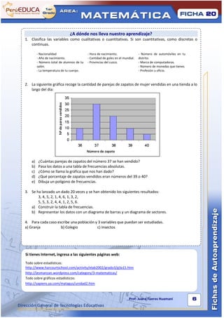 1                                                                                                                         20


                                  ¿A dónde nos lleva nuestro aprendizaje?
    1. Clasifica las variables como cualitativas o cuantitativas. Si son cuantitativas, como discretas o
       continuas.

            - Nacionalidad                    - Hora de nacimiento.                - Número de automóviles en tu
            - Año de nacimiento.              - Cantidad de goles en el mundial.   distrito.
            - Número total de alumnos de tu   - Provincias del cuzco.              - Marca de computadoras.
            salón.                                                                 - Número de monedas que tienes.
            - La temperatura de tu cuerpo.                                         - Profesión u oficio.



    2. La siguiente gráfica recoge la cantidad de parejas de zapatos de mujer vendidas en una tienda a lo
       largo del día:




       a)    ¿Cuántas parejas de zapatos del número 37 se han vendido?
       b)    Pasa los datos a una tabla de frecuencias absolutas.
       c)    ¿Cómo se llama la gráfica que nos han dado?
       d)    ¿Qué porcentaje de zapatos vendidos eran números del 39 o 40?
       e)    Dibuja un polígono de frecuencias.

    3. Se ha lanzado un dado 20 veces y se han obtenido los siguientes resultados:
           3, 4, 5, 2, 1, 4, 6, 1, 3, 2,
           5, 5, 3, 2, 4, 4, 1, 2, 5, 6.
       a) Construir la tabla de frecuencias.
       b) Representar los datos con un diagrama de barras y un diagrama de sectores.

    4. Para cada caso escribe una población y 3 variables que puedan ser estudiadas.
    a) Granja           b) Colegio           c) Insectos




    Si tienes Internet, ingresa a las siguientes páginas web:

    Todo sobre estadísticas:
    http://www.harcourtschool.com/activity/elab2002/grado3/g3a15.htm
    http://jesmanzan.wordpress.com/category/3-matematicas/
    Todo sobre gráficos estadísticos:
    http://sapiens.ya.com/matagus/unidad2.htm

                                                                                                                 Hh
                                                                            Prof: Juana Tueros Huamaní                6
 