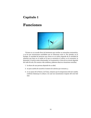 Capítulo 1

Funciones




    Vivimos en un mundo lleno de fenómenos que revelan su naturaleza matemática,
y en los que encontramos cantidades que se relacionan entre sí. Por ejemplo, en la
biología, la cantidad de bacterias que crecen en un cultivo depende de la cantidad de
alimento que haya en el medio en el que se encuentra el cultivo; en la economía, la
demanda y el precio están relacionados; en la geometría, el área de un círculo depende
del radio de este. En nuestra vida cotidiana, podemos observar situaciones sencillas:

  1. la altura de una persona depende de su edad;

  2. mi peso cambia de acuerdo al número de calorías que consumo; y,

  3. en un paseo de la Sierra a la Costa, notamos que la temperatura del aire cambia
     conforme disminuye la altura a la cual nos encontramos respecto del nivel del
     mar.




                                         14
 