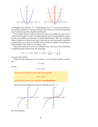 y                                                                   y
                            8                                                                     8



                            6                                                                     6



                            4                                                                     4



                            2                                                                     2



                                                               x                                                              x
            −4        −2                   2         4                         −4          −2                     2       4



está la gráﬁca de la función f : R −→ R deﬁnida por f ( x) = x2 − 1; en el de la derecha, es-
tán, además, resaltada una recta que pasa por el eje vertical y, y varias líneas paralelas
al eje horizontal que cortan al gráﬁco de la función.
    Como puedes observar, todos los puntos de corte con la gráﬁca que está sobre el
“eje horizontal negativo” están a la misma distancia que los correspondientes puntos
de corte con la gráﬁca que están sobre el “eje horizontal positivo”. Más aún, si pudieras
doblar el dibujo en la línea de color rojo, la parte del eje horizontal positivo coincidiría
completamente con la parte de la gráﬁca del eje horizontal negativo. Una gráﬁca con
esta propiedad se dice simétrica con respecto al eje y.
    Esta característica de la curva se ve reﬂejada en los valores que toma la función de
la siguiente manera. Observamos que las parejas:

                                                                                          1 1               1 1
                  (1, 1)        y     (−1, 1),   (2, 4)        y    (−2, 4),             ( , )        y   (− , )
                                                                                          2 4               2 4

son puntos de la gráﬁca.
   En general, para cada punto ( x, x2 ), el punto (− x, (− x)2 ) está en la gráﬁca, y observa
que
                                        x 2 = (− x )2 ;

por ello:
                                                         f (− x ) = f ( x ).

     Se dice que una función f que cumple con la igualdad

                                                         f (− x ) = f ( x )

     para todos los valores x de su dominio es una función par.

   Ahora mira los dos dibujos de la función f deﬁnida por f ( x) = x3 :
                         y                                       y

                                 18                                                              18


                                  9                                                               9

                                                           x                                                              x
            −3   −2        −1              1     2                      −3          −2     −1                 1       2

                                −9                                                               −9


                                −18                                                             −18


                                −27                                                             −27


En el de la derecha:



                                                                   25
 