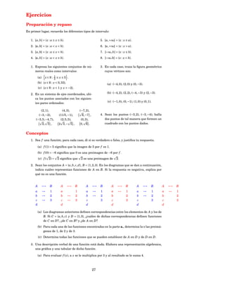 Ejercicios
Preparación y repaso
En primer lugar, recuerda los diferentes tipos de intervalo:

   1. [a, b] = { x : a ≤ x ≤ b}.                                 5. [a, +∞[ = { x : x ≥ a}.
   2. ]a, b[ = { x : a < x < b}.                                 6. ]a, +∞[ = { x : x > a}.
   3. [a, b[ = { x : a ≤ x < b}.                                 7. ]−∞, b] = { x : x ≤ b}.
   4. ]a, b] = { x : a < x ≤ b}.                                 8. ]−∞.b[ = { x : x < b}.

   1. Expresa los siguientes conjuntos de nú-                    3. En cada caso, traza la ﬁgura geométrica
      meros reales como intervalos:                                 cuyos vértices son:

           (a)   x∈R: 1 ≤ x≤5 .
                      2
           (b) { x ∈ R : x < 0, 33}.                                  (a) (−4, 0), (2, 0) y (0, −3).
           (c) { x ∈ R : x < 1 y x > −2}.

   2. En un sistema de ejes coordenados, ubi-                         (b) (−4, 2), (2, 2), (−4, −3) y (2, −3).
      ca los puntos asociados con los siguien-
      tes pares ordenados:                                            (c) (−1, 0), (0, −1), (1, 0) y (0, 1).

           (2, 1),             (4, 3),          (−7, 2),
         (−3, −2),           (11/5, −1),          6, −7 ,        4. Sean los puntos (−3, 2), (−3, −4); halla
       (−3, 5; −4, 7),        (2;5, 5),          (0, 3),            dos puntos de tal manera que formen un
            2, 3 ,           2 3, − 5 ,          0, 6 .             cuadrado con los puntos dados.


Conceptos
   1. Sea f una función; para cada caso, di si es verdadero o falso, y justiﬁca tu respuesta.

           (a) f (1) = 5 signiﬁca que la imagen de 5 por f es 1.
           (b) f (0) = −6 signiﬁca que 0 es una preimagen de −6 por f .
           (c) f ( 2) =     2 signiﬁca que      2 es una preimagen de         2.

   2. Sean los conjuntos A = {a, b, c, d }, B = {1, 2, 3}. En los diagramas que se dan a continuación,
      indica cuáles representan funciones de A en B. Si la respuesta es negativa, explica por
      qué no es una función.


       A      −→     B         A       −→   B        A      −→   B        A   −→     B         A    −→     B       A   −→   B
       a         →   1         a            1        a      →    1        a    →      1        a       →       1   a   →    1
       b         →   2         b       →    2        b      →    2        b           2        b       →       2   b        2
       c         →   3         c       →    3        c           3        c           3        c               3   c        3
       d                       d                     d                    d                    d                   d

           (a) Los diagramas anteriores deﬁnen correspondencias entre los elementos de A y los de
               B. Si C = {a, b, c} y D = {1, 3}, ¿cuáles de dichas correspondencias deﬁnen funciones
               de C en D ?, ¿de C en B? y ¿de A en D ?
           (b) Para cada una de las funciones encontradas en la parte a., determina la o las preimá-
               genes de 1, de 2 y de 3.
           (c) Determina todas las funciones que se pueden establecer de A en D y de D en D .

   3. Una descripción verbal de una función está dada. Elabora una representación algebraica,
      una gráﬁca y una tabular de dicha función.

           (a) Para evaluar f ( x), a x se le multiplica por 3 y al resultado se le suma 4.



                                                            27
 