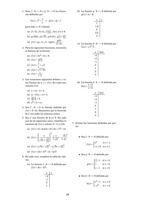 1. Sean f : R −→ R y g : R −→ R las funcio-                                    (b) La función g : R −→ R deﬁnida por
   nes deﬁnidas por                                                                g( x) = | x − 2|:

                           1                                                                         x       y
         f ( x) = x2 −             y       g ( x) = 2 x − 7
                           x                                                                         1
   para todo x ∈ R. Calcula:                                                                        1.6
                                                                                                     2
     (a) f (−3), f (1.4), f 1 , f (a), si a ∈ R.
                            3                                                                       2.5
     (b) g (100) , g           5 , g (0, 01) , g 1 + 2 .                                             3
                                                     3
                                                     g(2)
     (c) f (1) + g(−1), f (−1) g(5),                       .
                                                    f (−2)                     (c) La función h : R −→ R deﬁnida por
2. Para las siguientes funciones, encuentra                                        h( x) = x − 1:
   el dominio de la función:
                                                                                                    x      h(x)
     (a) f ( x) = 3 x2 − 5 x + 8.                                                                  −3
                                                                                                   −2
     (b) f ( x) = x+2 .
                  2 x −1                                                                           −1
                 1
     (c) f ( x) = + x.                                                                              0
                 x
                                                                                                    1
     (d) f ( x) = 1 − 3 x.
                                                                                                    2
     (e) f ( x) = 1 1 .                                                                             3
                    x− 2

3. Las ecuaciones siguientes deﬁnen y co-
   mo función de x: y = f ( x). En cada caso                                   (d) La función k : R −→ R deﬁnida por
                                                                                           x−2
   calcular f ( x).                                                                k( x) =     :
                                                                                           x+2
     (a) x + 3 y − 3 = 0.
                                                                                                    x      k(x)
     (b) ( x − 5)( y − x) = 1.
                                                                                                   −3
          2 y+ x
     (c) 3 x−5 = 2.                                                                                −2
     (d) x2 + 3 = x y.                                                                             −1
                                                                                                    0
4. Sea f : R → R la función deﬁnida por
                                                                                                    1
   f ( x) = 2 − 5 x. Demuestra que el recorrido
                                                                                                    2
   de f son todos los números reales.
                                                                                                    3
5. Sea f una función de R en R. En cada
   uno de los siguientes casos, simpliﬁca la
   escritura de f ( x) y calcula f (−1) y f (2).                           7. Evalúa las funciones deﬁnidas por par-
                                                                              tes
     (a) f ( x) = (3 − 4 x)(4 x + 3) + 4( x + 1)2 − 13.
                                          3
                                                                   3
                               1                   1           5                   Sea f : R −→ R deﬁnida por
     (b) f ( x) =                          −          x−             .
                                          
                        3x + 5                      3          2
                                       2
                                                                                                   x2            si x > 1,
                                           2                   2                        f ( x) =
     (c) f ( x) =       3x − 2                 −   3x + 2 .                                        −x + 2        si x ≤ 1.

     (d) f ( x) = (2 x + 5)4 − (5 − 2 x)3 .
                                                                                   Sea g : R −→ R deﬁnida por
6. En cada caso, completa la tabla de valo-
   res.                                                                                            1 +1
                                                                                                   
                                                                                                   x            si x < 0,
                                                                                                   
     (a) La función f : R −→ R deﬁnida por                                              g ( x) =    1            si x = 0,
         f ( x) = 2( x − 3)2 :
                                                                                                   
                                                                                                     x−1         si x > 0.
                                                                                                   
                                                                                                   

                                   x           y
                                   −2                                              Sea h : R −→ R deﬁnida por
                                   −1
                                   0                                                                x3 + 1       si x ≥ 0,
                                                                                        h( x ) =
                                   1                                                                − x2         si x < 0.



                                                                   29
 