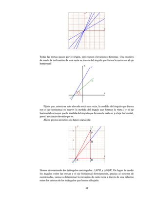 y




                                                           x




Todas las rectas pasan por el origen, pero tienen elevaciones distintas. Una manera
de medir la inclinación de una recta es través del ángulo que forma la recta con el eje
horizontal:
                                         y
                                                   l




                                                   m




                                                           x




   Fíjate que, mientras más elevada está una recta, la medida del ángulo que forma
con el eje horizontal es mayor: la medida del ángulo que forman la recta l y el eje
horizontal es mayor que la medida del ángulo que forman la recta m y el eje horizontal,
pues l está más elevada que m.
   Ahora presta atención a la ﬁgura siguiente:

                                  y
                              3
                                                   P

                              2
                                                   Q


                              1




                                                           x
                                  S            1
                                                   R



Hemos determinado dos triángulos rectángulos: △SPR y △SQR . En lugar de medir
los ángulos entre las rectas y el eje horizontal directamente, gracias al sistema de
coordenadas, vamos a determinar la elevación de cada recta a través de una relación
entre los catetos de los triángulos que hemos dibujado.


                                          42
 