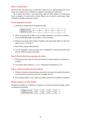 Paso 1: recoger datos

Para este paso, necesitas tener un trozo de cuerda de 15 cm aproximadamente (si no
tienes una, puedes usar el cordón de tu zapato) y una regla con milímetros.
    En tu grupo (de cuatro o cinco personas), cada uno debe utilizar la cuerda para
medir su pulgar y la muñeca de su mano. Marca con un lápiz la cuerda para luego
encontrar la medida utilizando la regla.

Paso 2: organizar los datos

  1. Organiza la información en la siguiente tabla:

             Pulgar (en cm)
             Muñeca (en cm)

  2. Ubica las parejas de la tabla en un un plano cartesiano, en el que la variable x
     sea la medida del pulgar y la variable y, la de la muñeca.

  3. Discute en tu grupo cómo realizar el gráﬁco. ¿De qué tamaño debe ser cada uni-
     dad en el eje x, en el eje y?

  4. Estos datos, ¿siguen algún patrón?

  5. Con un “spaguetti”, traza una recta que “visualmente” te parezca que pasa más
     cerca de todos los puntos del gráﬁco.

Paso 3: función lineal que aproxima los datos

  1. Utiliza dos puntos sobre la recta que trazaste en el paso anterior y encuentra su
     ecuación.

  2. La ecuación tiene la forma y = ax + b. Interpreta los parámetros a y b.

Paso 4: utiliza el modelo para pronosticar

  1. Utiliza la ecuación encontrada para pronosticar cuál sería el tamaño del puño de
     una camisa de una persona que tiene un pulgar de 6 cm.

  2. Si la muñeca midiera 13 cm, según tu modelo, ¿cuál sería la medida de su pulgar?

Paso 5: compara con otro modelo

Compara tu modelo con el siguiente. Un grupo, en la clase del profesor Ortega, obtuvo
los siguientes resultados:

               Pulgar (en cm)      1.5         1.4    1.3       1.8
               Muñeca (en cm)      3.1         3.0    2.7       3.6




                                          75
 