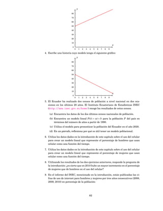 y
                        80

                        70

                        60

                        50

                        40

                        30

                        20

                        10
                                                                          x
                         0
                             0       1   2   3   4    5   6   7   8   9

4. Escribe una historia cuyo modelo tenga el siguiente gráﬁco:
                                 y
                        80

                        70

                        60

                        50

                        40

                        30

                        20

                        10
                                                                          x
                         0
                             0       1   2   3   4    5   6   7   8   9

5. El Ecuador ha realizado dos censos de población a nivel nacional en dos oca-
   siones en los últimos 20 años. El Instituto Ecuatoriano de Estadísticas INEC
   (http://www.inec.gov.ec/home/) recoge los resultados de estos censos.

    (a) Encuentra los datos de los dos últimos censos nacionales de población.
    (b) Encuentra un modelo lineal P ( t) = at + b para la población P del país en
        términos del número de años a partir de 1990.
    (c) Utiliza el modelo para pronosticar la población del Ecuador en el año 2020.
    (d) En un párrafo, reﬂexiona por qué es útil tener un modelo poblacional.

6. Utiliza los datos dados en la introducción de este capítulo sobre el uso del celular
   para crear un modelo lineal que represente el porcentaje de hombres que usan
   celular como una función del tiempo.

7. Utiliza los datos dados en la introducción de este capítulo sobre el uso del celular
   para crear un modelo lineal que represente el porcentaje de mujeres que usan
   celular como una función del tiempo.

8. Utilizando los resultados de los dos ejercicios anteriores, responde la pregunta de
   la introducción: ¿es cierto que en 2010 hubo un mayor incremento en el porcentaje
   de mujeres que de hombres en el uso del celular?

9. En el informe del INEC, mencionado en la introducción, están publicadas las ci-
   fras de uso de internet para hombres y mujeres por tres años consecutivos (2008,
   2009, 2010) en porcentaje de la población:




                                                 82
 