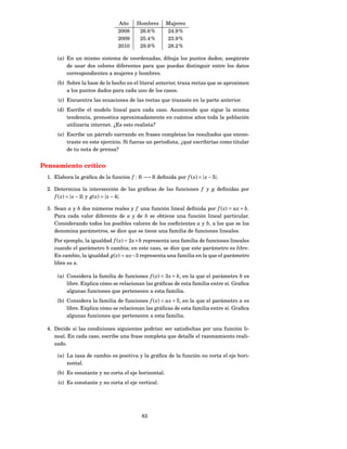 Año     Hombres       Mujeres
                                2008     26.6 %       24.9 %
                                2009     25.4 %       23.9 %
                                2010     29.9 %       28.2 %

     (a) En un mismo sistema de coordenadas, dibuja los puntos dados; asegúrate
         de usar dos colores diferentes para que puedas distinguir entre los datos
         correspondientes a mujeres y hombres.
     (b) Sobre la base de lo hecho en el literal anterior, traza rectas que se aproximen
         a los puntos dados para cada uno de los casos.
     (c) Encuentra las ecuaciones de las rectas que trazaste en la parte anterior.
     (d) Escribe el modelo lineal para cada caso. Asumiendo que sigue la misma
         tendencia, pronostica aproximadamente en cuántos años toda la población
         utilizaría internet. ¿Es esto realista?
     (e) Escribe un párrafo narrando en frases completas los resultados que encon-
         traste en este ejercicio. Si fueras un periodista, ¿qué escribirías como titular
         de tu nota de prensa?


Pensamiento crítico
 1. Elabora la gráﬁca de la función f : R −→ R deﬁnida por f ( x) = | x − 5|.

 2. Determina la intersección de las gráﬁcas de las funciones f y g deﬁnidas por
    f ( x) = | x − 2| y g( x) = | x − 4|.

 3. Sean a y b dos números reales y f una función lineal deﬁnida por f ( x) = ax + b.
    Para cada valor diferente de a y de b se obtiene una función lineal particular.
    Considerando todos los posibles valores de los coeﬁcientes a y b, a los que se los
    denomina parámetros, se dice que se tiene una familia de funciones lineales.
    Por ejemplo, la igualdad f ( x) = 2 x + b representa una familia de funciones lineales
    cuando el parámetro b cambia; en este caso, se dice que este parámetro es libre.
    En cambio, la igualdad g( x) = ax−3 representa una familia en la que el parámetro
    libre es a.

     (a) Considera la familia de funciones f ( x) = 3 x + b, en la que el parámetro b es
         libre. Explica cómo se relacionan las gráﬁcas de esta familia entre sí. Graﬁca
         algunas funciones que pertenecen a esta familia.
     (b) Considera la familia de funciones f ( x) = ax + 5, en la que el parámetro a es
         libre. Explica cómo se relacionan las gráﬁcas de esta familia entre sí. Graﬁca
         algunas funciones que pertenecen a esta familia.

 4. Decide si las condiciones siguientes podrían ser satisfechas por una función li-
    neal. En cada caso, escribe una frase completa que detalle el razonamiento reali-
    zado.

     (a) La tasa de cambio es positiva y la gráﬁca de la función no corta el eje hori-
         zontal.
     (b) Es constante y no corta el eje horizontal.
     (c) Es constante y no corta el eje vertical.




                                           83
 