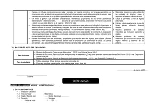 • Expresa, con dibujos, construcciones con regla y compás, con material concreto y con lenguaje geométrico, su
comprensión sobre la relación de semejanza entre formas bidimensionales cuando estas se amplían o reducen, para
interpretar las condiciones de un problema y estableciendo relaciones entre representaciones.
• Lee textos o gráficos que describen características, elementos o propiedades de las formas geométricas
bidimensionales y tridimensionales, así como de sus transformaciones, para extraer información. Lee planos
a escala y los usa para ubicarse en el espacio y determinar rutas.
• Selecciona y emplea estrategias heurísticas, recursos o procedimientos para determinar la longitud, el perímetro, el
área o el volumen de prismas, cuadriláteros y triángulos, así como de áreas bidimensionales compuestas, empleando
unidades convencionales (centímetro, metro y kilómetro) y no convencionales (bolitas, panes, botellas, etc.).
• Selecciona y emplea estrategias heurísticas, recursos o procedimientos para describir el movimiento, la localización
o las perspectivas (vistas) de los objetos, empleando unidades convencionales (centímetro, metro y kilómetro) y no
convencionales (por ejemplo, pasos).
• Plantea afirmaciones sobre las relaciones y propiedades que descubre entre los objetos, entre objetos y formas
geométricas, y entre las formas geométricas, sobre la base de simulaciones y la observación de casos. Las justifica
con ejemplos y sus conocimientos geométricos. Reconoce errores en las justificaciones y los corrige.
• Matematiza situaciones reales utilizando
las unidades de longitud, masa y
capacidad del sistema métrico decimal.
• Calcula el perímetro y área de figuras
poligonales.
• Estima o calcula exactamente el área de
figuras planas utilizando diversos
métodos.
• Resuelve problemas de contexto
matemático que involucran segmentos y
ángulos.
• Resuelve problemas de contexto
matemático que involucra el cálculo de
ángulos internos y externos de un
polígono.
VII. MATERIALES A UTILIZAR EN LA UNIDAD
Para el docente
• Ministerio de Educación. Texto escolar Matemática 1 (2012) Lima: Editorial Norma S.A.C.
• Ministerio de Educación. Fascículo Rutas del Aprendizaje de Matemática ¿Qué y cómo aprenden nuestros estudiantes? del VI ciclo (2015) Lima: Corporación
Gráfica Navarrete.
• Ministerio de Educación. Módulo de Resolución de Problemas Resolvamos 1 (2012) Lima: Editorial El Comercio S.A.
Para el estudiante
• Folletos, separatas, fichas, láminas, equipo de multimedia, etc.
• Plumones, cartulinas, papelógrafos, cinta masking tape, pizarra, tizas, etc.
……………………………de marzo del 20......
____________________________________
Docente
NOMBRE DE LA UNIDAD: “MEDIDA Y GEOMETRÍA PLANA”
I. DATOS INFORMATIVOS
1.1. Institución Educativa :
1.2. Área curricular : Matemática
1.3. Grado / Sección (es) : ……. Grado, Secciones: …………..
1.4. Duración : ……. Semanas
- Fecha de Inicio : ….. / ….. / 20…….
SEXTA UNIDAD
 