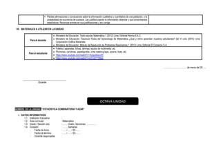 ▪ Plantea afirmaciones o conclusiones sobre la información cualitativa y cuantitativa de una población, o la
probabilidad de ocurrencia de sucesos. Las justifica usando la información obtenida y sus conocimientos
estadísticos. Reconoce errores en sus justificaciones y los corrige.
VII. MATERIALES A UTILIZAR EN LA UNIDAD
Para el docente
• Ministerio de Educación. Texto escolar Matemática 1 (2012) Lima: Editorial Norma S.A.C.
• Ministerio de Educación. Fascículo Rutas del Aprendizaje de Matemática ¿Qué y cómo aprenden nuestros estudiantes? del VI ciclo (2015) Lima:
Corporación Gráfica Navarrete.
• Ministerio de Educación. Módulo de Resolución de Problemas Resolvamos 1 (2012) Lima: Editorial El Comercio S.A.
Para el estudiante
• Folletos, separatas, fichas, láminas, equipo de multimedia, etc.
• Plumones, cartulinas, papelógrafos, cinta masking tape, pizarra, tizas, etc.
• https://www.youtube.com/watch?v=XUgu0wwiJ5Y
• https://www.youtube.com/watch?v=kTC0ZT7rBsA
……………………………de marzo del 20......
____________________________________
Docente
NOMBRE DE LA UNIDAD: “ESTADÍSTICA COMBINATORIA Y AZAR”
I. DATOS INFORMATIVOS
1.1. Institución Educativa :
1.2. Área curricular : Matemática
1.3. Grado / Sección (es) : ……. Grado, Secciones: …………..
1.4. Duración : ……. Semanas
- Fecha de Inicio : ….. / ….. / 20…….
- Fecha de término : ….. / ….. / 20…….
- Docente responsable :
OCTAVA UNIDAD
 