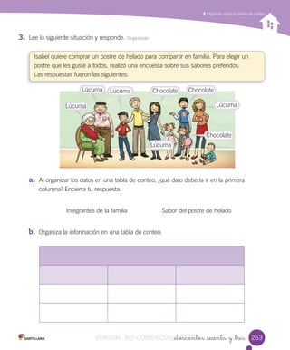 Organizar	datos	en	tablas	de	conteo
3. Lee	la	siguiente	situación	y	responde.	Organizar
Isabel	quiere	comprar	un	postre	de	helado	para	compartir	en	familia.	Para	elegir	un	
postre	que	les	guste	a	todos,	realizó	una	encuesta	sobre	sus	sabores	preferidos.			
Las	respuestas	fueron	las	siguientes:
_doscientos _sesenta y _tres
a. Al	organizar	los	datos	en	una	tabla	de	conteo,	¿qué	dato	debería	ir	en	la	primera
columna?	Encierra	tu	respuesta.
	Integrantes	de	la	familia Sabor	del	postre	de	helado
b. Organiza	la	información	en	una	tabla	de	conteo.
263263
Lúcuma
Lúcuma Lúcuma
Lúcuma
Lúcuma
Chocolate Chocolate
Chocolate
VERSIîN NO COMERCIALIZABLE_doscientos _sesenta y _tresCOMERCIALIZABLE_doscientos _sesenta y _tres
 