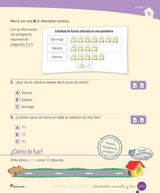 Marca con una la alternativa correcta.
Con	la	información	
del	pictograma	
responde	las	
preguntas	3	y	4.
¿Cómo	te	fue?
Pinta	tantos	 	como	 	obtuviste.
Busca
Prepara	la
prueba	7
Unidad 7
_doscientos noventa y _tres
3. ¿Qué	día	se	utilizaron	menos de	5	sacos	de	harina?
A	 Viernes.
B	 Sábado.
C	 Domingo.
4. ¿Cuántos	sacos	de	harina	en	total	se	utilizaron	los	tres	días?
A	 14
B	 15
C	 16
293
=	1
Domingo
Sábado
Viernes
Cantidad de harina utilizada en una panadería
VERSIîN NO COMERCIALIZABLE_doscientos noventa y _tresCOMERCIALIZABLE_doscientos noventa y _tres
 