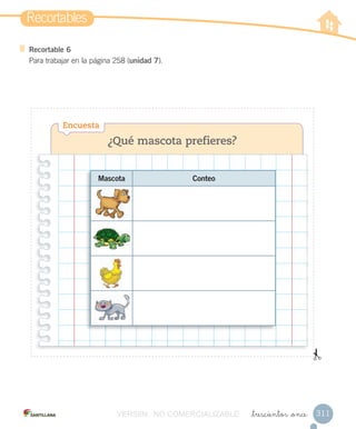 Recortables
311_trescientos _once
Recortable 6
Para trabajar en la página 258 (unidad 7).
¿Qué mascota prefieres?
Encuesta
Mascota Conteo
VERSIîN NO COMERCIALIZABLE
 
