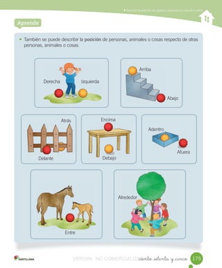 Describir	la	posición	de	objetos	y	personas	en	relación	a	otros
_ciento _setenta y _cinco
• También	se	puede	describir	la	posición	de	personas,	animales	o	cosas	respecto	de	otras
personas,	animales	o	cosas.
Aprende
175175
Derecha
Arriba
Abajo
Atrás Encima
Debajo
Adentro
Afuera
Delante
Entre
Alrededor
IzquierdaDerecha Izquierda
VERSIîN NO COMERCIALIZABLE_ciento _setenta y _cincoCOMERCIALIZABLE_ciento _setenta y _cinco
 