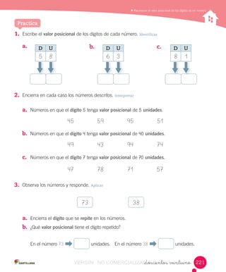 Reconocer	el	valor	posicional	de	los	dígitos	de	un	número
1.	 Escribe	el	valor posicional	de	los	dígitos	de	cada	número.	Identificar
2.	 Encierra	en	cada	caso	los	números	descritos.	Interpretar
a.	 Números	en	que	el	dígito 5	tenga	valor posicional	de	5 unidades.
45 59 95 51
b.	 Números	en	que	el	dígito 4	tenga	valor posicional	de	40 unidades.
49 43 94 74
c.	 Números	en	que	el	dígito 7	tenga	valor posicional	de	70 unidades.
47 78 71 57
3.	 Observa	los	números	y	responde.	Aplicar
a.	 	 b.	 	 c.	 	
73 38
a.	 Encierra	el	dígito	que	se	repite	en	los	números.
b.	 ¿Qué	valor posicional	tiene	el	dígito	repetido?
En	el	número	73	 	 	unidades.	 En	el	número	38	 	 	unidades.	
_doscientos veintiuno
Practica
D U
5 8
D U
6 3
D U
8 1
221221VERSIîN NO COMERCIALIZABLE_doscientos veintiunoCOMERCIALIZABLE_doscientos veintiuno
 