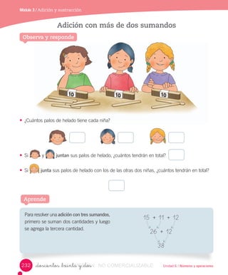 Unidad 6 / Números y operaciones
Módulo 3 / Adición y sustracción
Observa y responde
Adición con más de dos sumandos
• ¿Cuántos	palos	de	helado	tiene	cada	niña?
• Si 	y	 	juntan	sus	palos	de	helado,	¿cuántos	tendrán	en	total?		
• Si 	junta	sus	palos	de	helado	con	los	de	las	otras	dos	niñas,	¿cuántos	tendrán	en	total?
Aprende
Para	resolver	una	adición con tres sumandos,	
primero	se	suman	dos	cantidades	y	luego	
se	agrega	la	tercera	cantidad.
15		+		11		+		12
26		+		12
38
_doscientos _treinta y _dos232 VERSIîN_doscientos _treinta y _dosVERSIîN_doscientos _treinta y _dos NO COMERCIALIZABLE
 
