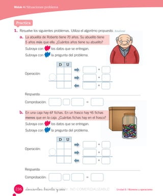 Unidad 6 / Números y operaciones_doscientos _treinta y _seis
Módulo 4 / Situaciones problema
1. Resuelve	los	siguientes	problemas.	Utiliza	el	algoritmo	propuesto.	Analizar
a. La	abuelita	de	Roberto	tiene	73	años.	Su	abuelito	tiene
5	años	más	que	ella.	¿Cuántos	años	tiene	su	abuelito?
b. En	una	caja	hay	67	fichas.	En	un	frasco	hay	45	fichas
menos	que	en	la	caja.	¿Cuántas	fichas	hay	en	el	frasco?
Practica
Comprobación:
Comprobación:
Subraya	con 	los	datos	que	se	entregan.
Subraya	con 	la	pregunta	del	problema.
Operación:
Respuesta:	
=
Subraya	con 	los	datos	que	se	entregan.
Subraya	con 	la	pregunta	del	problema.
Operación:
Respuesta:	
=
propuesto. Analizar
	 	 	 	 		 	 	 	 	
fichas
frasco?
+
+
+
D U
+
+
+
D U
236 VERSIîN_doscientos _treinta y _seisVERSIîN_doscientos _treinta y _seis NO COMERCIALIZABLE
 