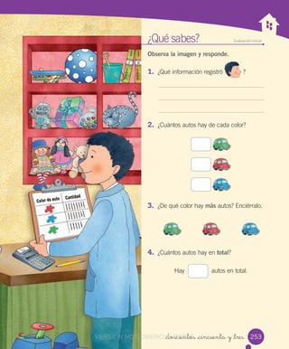 ¿Qué	sabes? Evaluación	inicial
Observa la imagen y responde.
1.	 ¿Qué	información	registró	
	
?
2.	 ¿Cuántos	autos	hay	de	cada	color?
	
	
	
3.	 ¿De	qué	color	hay	más	autos?	Enciérralo.
	
		 		 	
4.	 ¿Cuántos	autos	hay	en	total?
Hay		
	
	autos	en	total.
_doscientos _cincuenta y _tres 253VERSIîN NO COMERCIALIZABLECOMERCIALIZABLE_doscientos _cincuenta y _tresCOMERCIALIZABLE_doscientos _cincuenta y _tres
 