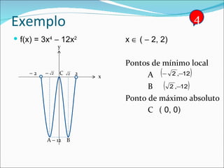 Exemplo f(x) = 3x 4     12x 2   x    (    2, 2) Pontos de mínimo local A B  Ponto de máximo absoluto  C  (  0, 0 ) 4 2    2 x y A B C     12 