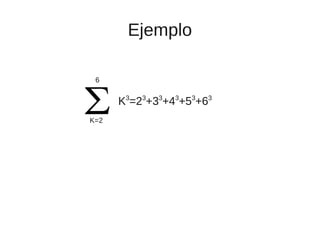 Ejemplo

 6


      K3=23+33+43+53+63
K=2
 