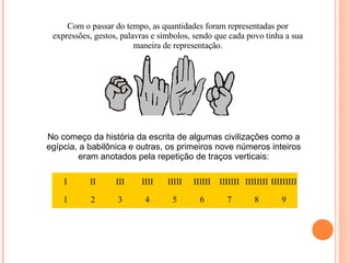 Com o passar do tempo, as quantidades foram representadas por expressões, gestos, palavras e símbolos, sendo que cada povo tinha a sua maneira de representação. No começo da história da escrita de algumas civilizações como a egípcia, a babilônica e outras, os primeiros nove números inteiros eram anotados pela repetição de traços verticais: I II III IIII IIIII IIIIII IIIIIII IIIIIIII IIIIIIIII 1 2 3 4 5 6 7 8 9 