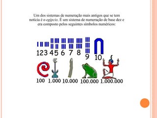 Um dos sistemas de numeração mais antigos que se tem notícia é o  egípcio . É um sistema de numeração de base dez e era composto pelos seguintes símbolos numéricos: 