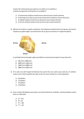 A partir de la información que aparece en la tabla 1 y en la gráfica 1.
¿Cuál de las siguientes afirmaciones es verdadera?
A. El restaurante antojitos vendió menos almuerzo que el pollo contento.
B. El domingo fue el día en que los dos restaurantes vendieron menos almuerzos.
C. El sábado antojito vendió menos almuerzos que el pollo contento.
D. El viernes antojito vendió menos almuerzo que el pollo contento.
4) Marlene le compró a su papá un obsequio. Este obsequio está dentro de una caja que Ana quiere
empacar con papel regalo. Las dimensiones de la caja se muestran en el siguiente gráfico.
12 Cms 10 Cms
50 Cms
La cantidad mínima de papel regalo que Marlene necesita para empacar la caja está entre:
A. 500 Cm2 y 1000 Cm2
B. 1000 Cm2 y 1500 Cm2
C. 1500 Cm2 y 2000 Cm2
D. 2000 Cm2 y 2500 Cm2
5) En la sala cuna del hospital de Baranoa hay cuatro filas con cuatro cunas cada una. Si cambian
cuatro veces al día los pañales de cada uno de los recién nacidos en un día se gastarían:
A. 20 pañales.
B. 15 pañales.
C. 16 pañales.
D. 25 pañales.
6) Erwin empleó 64 baldosas para tapar una pared totalmente cuadrada. ¿Cuántas baldosas colocó
Erwin en cada lado?
A. 5 = 125
B. 8 = 64
C. 3 = 243
D. 7 = 147
 