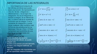 IMPORTANCIA DE LAS INTEGRALES
Una Integral es el conjunto de
las infinitas primitivas que puede
tener una función. Se representa por
∫ f(x) dx. Se lee : integral de x
diferencial de x. ∫ es el signo de
integración. f(x) es el integrando o
función a integrar. dx es diferencial
de x, e indica cuál es la variable de
la función que se integra. C es la
constante de integración y puede
tomar cualquier valor numérico real.
Si F(x) es una primitiva de f(x) se
tiene que: ∫ f(x) dx = F(x) + C Para
comprobar que la primitiva de una
función es correcta basta con
derivar.
Como resultado del teorema
fundamental del cálculo, se puede
integrar una
función si se conoce una anti derivada,
es decir, una integral indefinida, se
resumen
aquí las integrales más importantes que
se han aprendido hasta el momento.
TECNICA DE
INTEGRACION
 