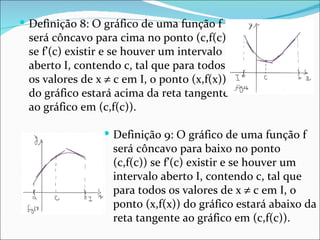 Definição 8: O gráfico de uma função f será côncavo para cima no ponto (c,f(c)) se f’(c) existir e se houver um intervalo aberto I, contendo c, tal que para todos os valores de x    c em I, o ponto (x,f(x)) do gráfico estará acima da reta tangente ao gráfico em (c,f(c)). Definição 9: O gráfico de uma função f será côncavo para baixo no ponto (c,f(c)) se f’(c) existir e se houver um intervalo aberto I, contendo c, tal que para todos os valores de x    c em I, o ponto (x,f(x)) do gráfico estará abaixo da reta tangente ao gráfico em (c,f(c)). 