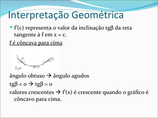 Interpretação Geométrica f’(c) representa o valor da inclinação tg   da reta tangente à f em x = c. f é côncava para cima ângulo obtuso    ângulo agudos tg   < 0    tg   > 0 valores crescentes    f’(x) é crescente quando o gráfico é côncavo para cima. 