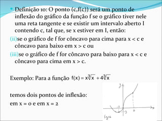 Definição 10: O ponto (c,f(c)) será um ponto de inflexão do gráfico da função f se o gráfico tiver nele uma reta tangente e se existir um intervalo aberto I contendo c, tal que, se x estiver em I, então: se o gráfico de f for côncavo para cima para x < c e côncavo para baixo em x > c ou se o gráfico de f for côncavo para baixo para x < c e côncavo para cima em x > c. Exemplo: Para a função  temos dois pontos de inflexão: em x = 0 e em x = 2 