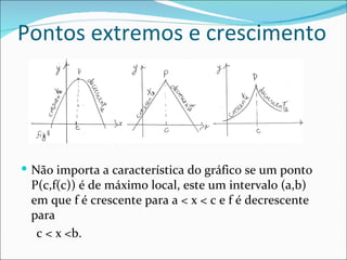 Pontos extremos e crescimento Não importa a característica do gráfico se um ponto P(c,f(c)) é de máximo local, este um intervalo (a,b) em que f é crescente para a < x < c e f é decrescente para  c < x <b. 