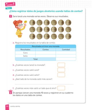 Tema 3
1 Sara lanzó una moneda varias veces. Observa sus resultados.
a. Registra los resultados en la tabla de conteo.
Resultados al tirar una moneda
Resultados Conteo Cantidad
Cara
Sello
Total
b. ¿Cuántas veces lanzó la moneda?
c. ¿Cuántas veces salió cara?
d. ¿Cuántas veces salió sello?
e. ¿Qué lado de la moneda salió más veces?
f. ¿Cuántas veces más salió un lado que el otro?
2 En parejas lancen una moneda 10 veces y registren en su cuaderno
los datos en una tabla de conteo.
¿Cómo registrar datos de juegos aleatorios usando tablas de conteo?
120
120
Lección 2
ciento veinte
 