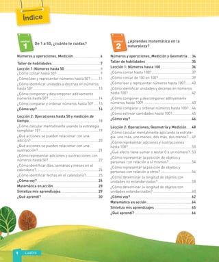 cuatro
4
1
unidad
De 1 a 50, ¿cuánto te cuidas?
Números y operaciones, Medición.....................................6
Taller de habilidades..................................................................7
Lección 1: Números hasta 50.................................................8
¿Cómo contar hasta 50? ........................................................ 9
¿Cómo leer y representar números hasta 50? ..........11
¿Cómo identificar unidades y decenas en números
hasta 50?.........................................................................................13
¿Cómo componer y descomponer aditivamente
números hasta 50? .................................................................14
¿Cómo comparar y ordenar números hasta 50?......15
¿Cómo voy?...................................................................................16
Lección 2: Operaciones hasta 50 y medición de
tiempo..............................................................................................18
¿Cómo calcular mentalmente usando la estrategia
completar 10?..............................................................................19
¿Qué acciones se pueden relacionar con una
adición? ...........................................................................................20
¿Qué acciones se pueden relacionar con una
sustracción?..................................................................................21
¿Cómo representar adiciones y sustracciones con
números hasta 50?....................................................................22
¿Cómo identificar días, semanas y meses en el
calendario?....................................................................................24
¿Cómo identificar fechas en el calendario?................25
¿Cómo voy?...................................................................................26
Matemática en acción.............................................................28
Sintetizo mis aprendizajes...................................................29
¿Qué aprendí? .............................................................................30
2
unidad ¿Aprendes matemática en la
naturaleza?
Números y operaciones, Medición y Geometría .....34
Taller de habilidades...............................................................35
Lección 1: Números hasta 100..........................................36
¿Cómo contar hasta 100?......................................................37
¿Cómo contar de 100 en 100?.............................................39
¿Cómo leer y representar números hasta 100?........40
¿Cómo identificar unidades y decenas en números
hasta 100? .....................................................................................42
¿Cómo componer y descomponer aditivamente
números hasta 100?.................................................................43
¿Cómo comparar y ordenar números hasta 100?....44
¿Cómo estimar cantidades hasta 100?..........................45
¿Cómo voy?...................................................................................46
Lección 2: Operaciones, Geometría y Medición.......48
¿Cómo calcular mentalmente aplicando la estrate-
gia: uno más, uno menos; dos más, dos menos?....49
¿Cómo representar adiciones y sustracciones
hasta 100?......................................................................................50
¿Qué efecto tiene sumar o restar 0 a un número?..53
¿Cómo representar la posición de objetos y
personas con relación a sí mismos?...............................54
¿Cómo representar la posición de objetos y
personas con relación a otros?..........................................56
¿Cómo determinar la longitud de objetos con
unidades no estandarizadas?..............................................58
¿Cómo determinar la longitud de objetos con
unidades estandarizadas? ....................................................60
¿Cómo voy?...................................................................................62
Matemática en acción.............................................................64
Sintetizo mis aprendizajes...................................................65
¿Qué aprendí? .............................................................................66
Índice
 