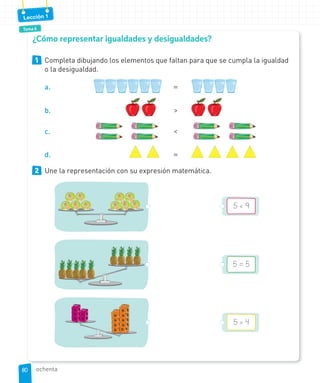 Tema 6
Lección 1
1 Completa dibujando los elementos que faltan para que se cumpla la igualdad
o la desigualdad.
a. =
b. >
c. <
d. =
2 Une la representación con su expresión matemática.
5 < 9
5 = 5
5 > 4
¿Cómo representar igualdades y desigualdades?
80
80 ochenta
 