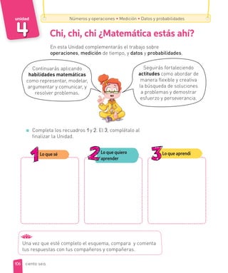 En esta Unidad complementarás el trabajo sobre
operaciones, medición de tiempo, y datos y probabilidades.
Completa los recuadros 1 y 2. El 3, complétalo al
finalizar la Unidad.
Continuarás aplicando
habilidades matemáticas
como representar, modelar,
argumentar y comunicar, y
resolver problemas.
Seguirás fortaleciendo
actitudes como abordar de
manera flexible y creativa
la búsqueda de soluciones
a problemas y demostrar
esfuerzo y perseverancia.
Una vez que esté completo el esquema, compara y comenta
tus respuestas con tus compañeros y compañeras.
Lo que sé Lo que quiero
aprender
Lo que aprendí
Números y operaciones ∙ Medición ∙ Datos y probabilidades
Chi, chi, chi ¿Matemática estás ahí?
106
unidad
ciento seis
 
